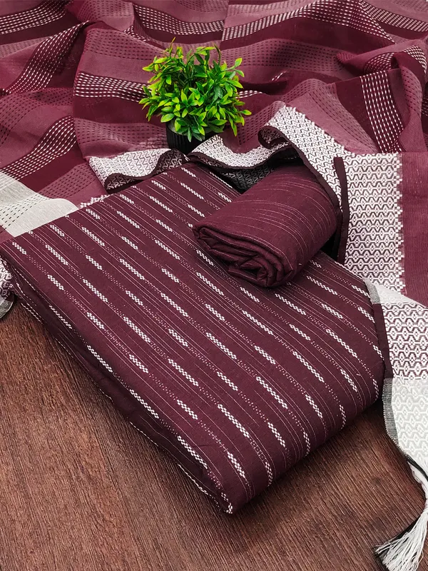 Leeza_Store_Women’s_Wine_Cotton_Jacquard_Salwar_Suit_Dress_Material_With_Minimal_Ethnic_Motifs,_Solid_Cotton_Bottom_&_Chinnon_Saburi_Dupatta_With_Cut_Work_–_Unstit