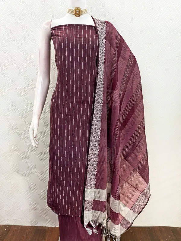 Leeza_Store_Women’s_Wine_Cotton_Jacquard_Salwar_Suit_Dress_Material_With_Minimal_Ethnic_Motifs,_Solid_Cotton_Bottom_&_Chinnon_Saburi_Dupatta_With_Cut_Work_–_Unstit