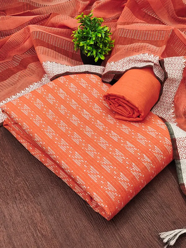 Leeza_Store_Women’s_Orange_Cotton_Jacquard_Unstitched_Dress_Material_With_Minimal_Ethnic_Motifs,_Solid_Cotton_Bottom_&_Cut_Work_Dupat