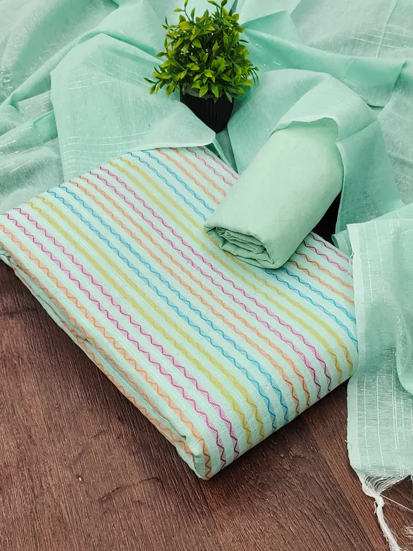Leeza_Store_Women’s_Light_Green_Cotton_Jacquard_Dress_Material_With_Minimal_Ethnic_Motifs_||_Unstitched_Salwar_Suit_Fabric_With_Plain_Solid_Bottom_&_Cotton_Dupatta_With_Tasse