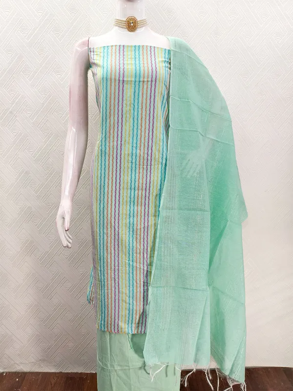 Leeza_Store_Women’s_Light_Green_Cotton_Jacquard_Dress_Material_With_Minimal_Ethnic_Motifs_||_Unstitched_Salwar_Suit_Fabric_With_Plain_Solid_Bottom_&_Cotton_Dupatta_With_Tasse