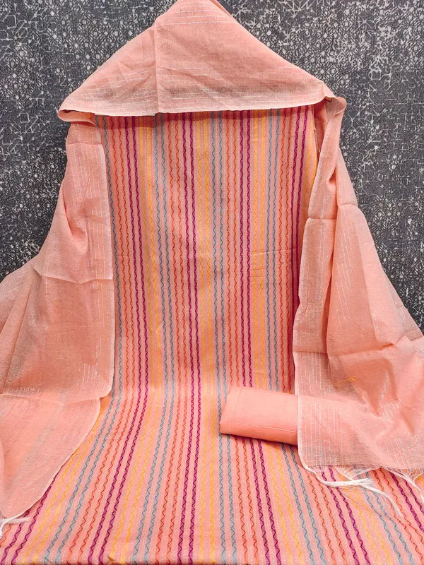 Leeza_Store_Women’s_Peach_Cotton_Jacquard_Dress_Material_With_Minimal_Ethnic_Motifs_||_Unstitched_Salwar_Suit_Fabric_With_Plain_Solid_Bottom_&_Cotton_Dupatta_With_Tasse
