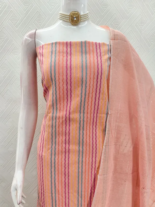 Leeza_Store_Women’s_Peach_Cotton_Jacquard_Dress_Material_With_Minimal_Ethnic_Motifs_||_Unstitched_Salwar_Suit_Fabric_With_Plain_Solid_Bottom_&_Cotton_Dupatta_With_Tasse