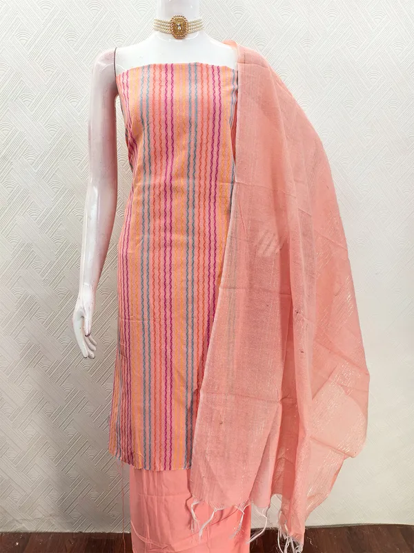 Leeza_Store_Women’s_Peach_Cotton_Jacquard_Dress_Material_With_Minimal_Ethnic_Motifs_||_Unstitched_Salwar_Suit_Fabric_With_Plain_Solid_Bottom_&_Cotton_Dupatta_With_Tasse