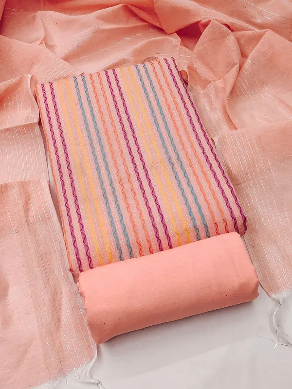 Leeza_Store_Women’s_Peach_Cotton_Jacquard_Dress_Material_With_Minimal_Ethnic_Motifs_||_Unstitched_Salwar_Suit_Fabric_With_Plain_Solid_Bottom_&_Cotton_Dupatta_With_Tasse