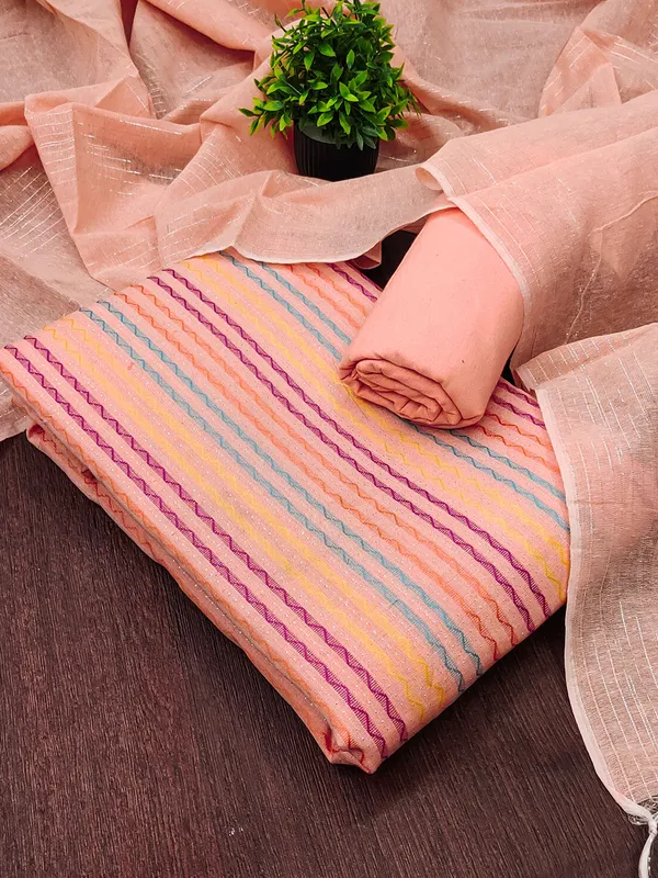 Leeza_Store_Women’s_Peach_Cotton_Jacquard_Dress_Material_With_Minimal_Ethnic_Motifs_||_Unstitched_Salwar_Suit_Fabric_With_Plain_Solid_Bottom_&_Cotton_Dupatta_With_Tasse