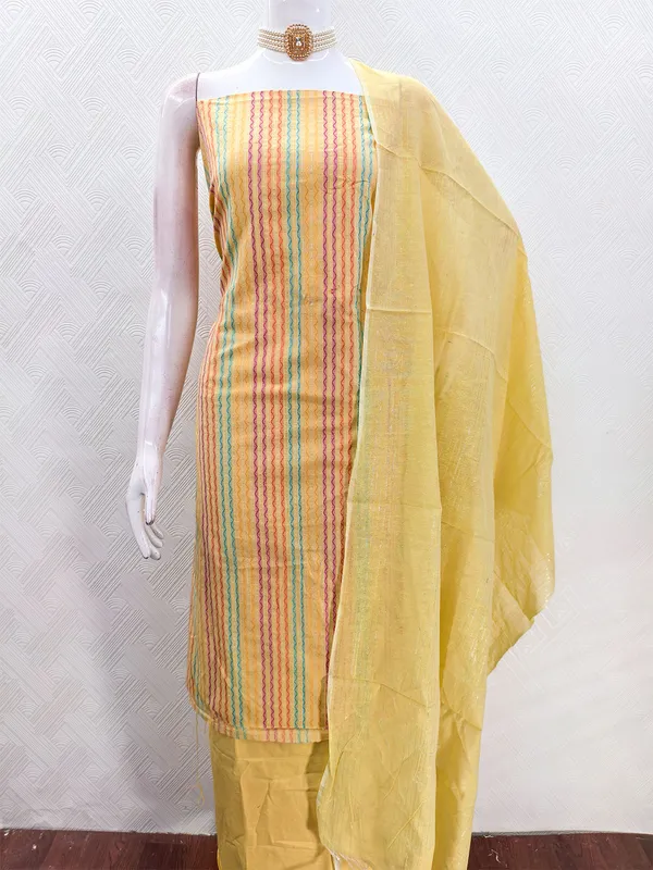 Leeza_Store_Women’s_Yellow_Cotton_Jacquard_Dress_Material_With_Minimal_Ethnic_Motifs_||_Unstitched_Salwar_Suit_Fabric_With_Plain_Solid_Bottom_&_Cotton_Dupatta_With_Tasse