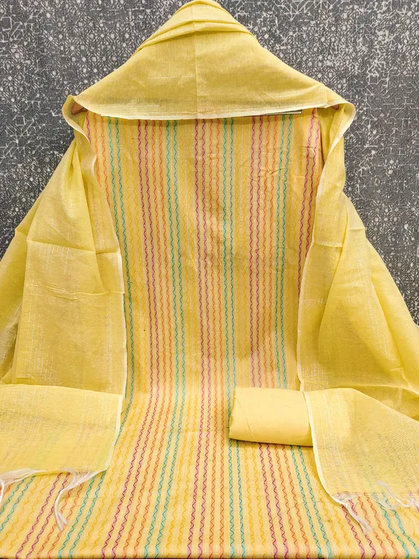 Leeza_Store_Women’s_Yellow_Cotton_Jacquard_Dress_Material_With_Minimal_Ethnic_Motifs_||_Unstitched_Salwar_Suit_Fabric_With_Plain_Solid_Bottom_&_Cotton_Dupatta_With_Tasse