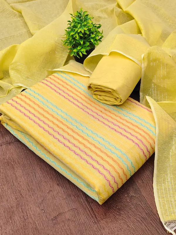 Leeza_Store_Women’s_Yellow_Cotton_Jacquard_Dress_Material_With_Minimal_Ethnic_Motifs_||_Unstitched_Salwar_Suit_Fabric_With_Plain_Solid_Bottom_&_Cotton_Dupatta_With_Tasse