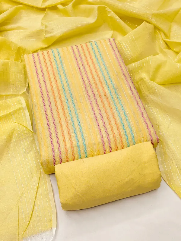 Leeza_Store_Women’s_Yellow_Cotton_Jacquard_Dress_Material_With_Minimal_Ethnic_Motifs_||_Unstitched_Salwar_Suit_Fabric_With_Plain_Solid_Bottom_&_Cotton_Dupatta_With_Tasse