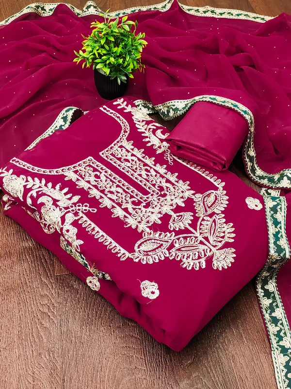 Leeza_Store_Women's_Rani_Pink_Georgette_Salwar_Suit_Dress_Material_With_Golden_Thread_Embroidery,_Solid_Santoon_Bottom_&_Embroidered_Dupatta_(Unstitched,_3-piece_Set)