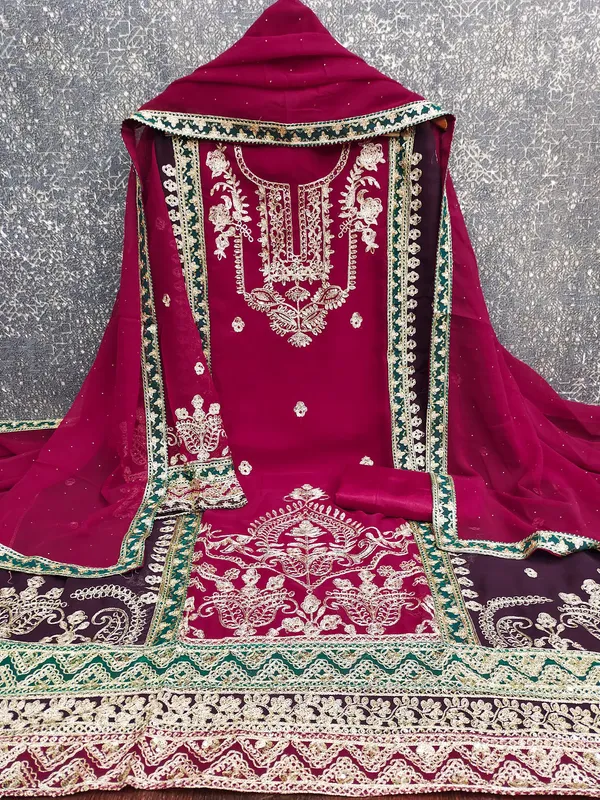 Leeza_Store_Women's_Rani_Pink_Georgette_Salwar_Suit_Dress_Material_With_Golden_Thread_Embroidery,_Solid_Santoon_Bottom_&_Embroidered_Dupatta_(Unstitched,_3-piece_Set)