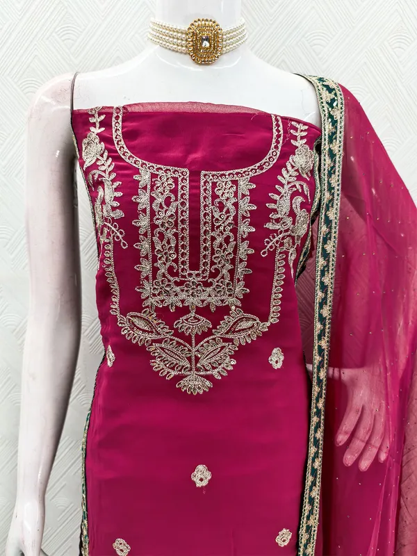 Leeza_Store_Women's_Rani_Pink_Georgette_Salwar_Suit_Dress_Material_With_Golden_Thread_Embroidery,_Solid_Santoon_Bottom_&_Embroidered_Dupatta_(Unstitched,_3-piece_Set)