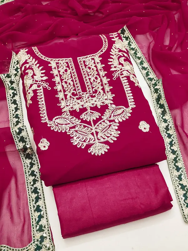 Leeza_Store_Women's_Rani_Pink_Georgette_Salwar_Suit_Dress_Material_With_Golden_Thread_Embroidery,_Solid_Santoon_Bottom_&_Embroidered_Dupatta_(Unstitched,_3-piece_Set)