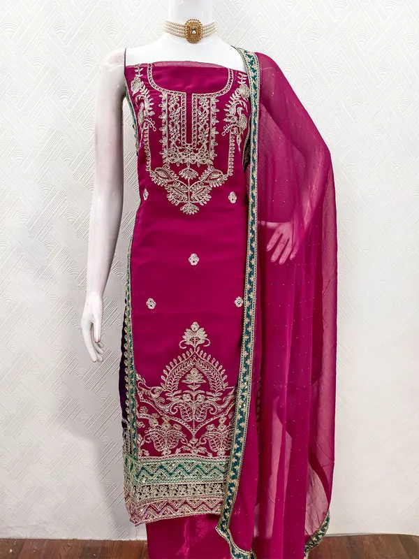 Leeza_Store_Women's_Rani_Pink_Georgette_Salwar_Suit_Dress_Material_With_Golden_Thread_Embroidery,_Solid_Santoon_Bottom_&_Embroidered_Dupatta_(Unstitched,_3-piece_Set)
