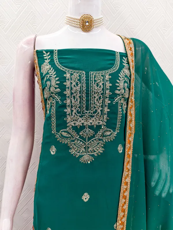 Leeza_Store_Women's_Teal_Georgette_Salwar_Suit_Dress_Material_With_Golden_Thread_Embroidery,_Solid_Santoon_Bottom_&_Embroidered_Dupatta_(Unstitched,_3-piece_Set)