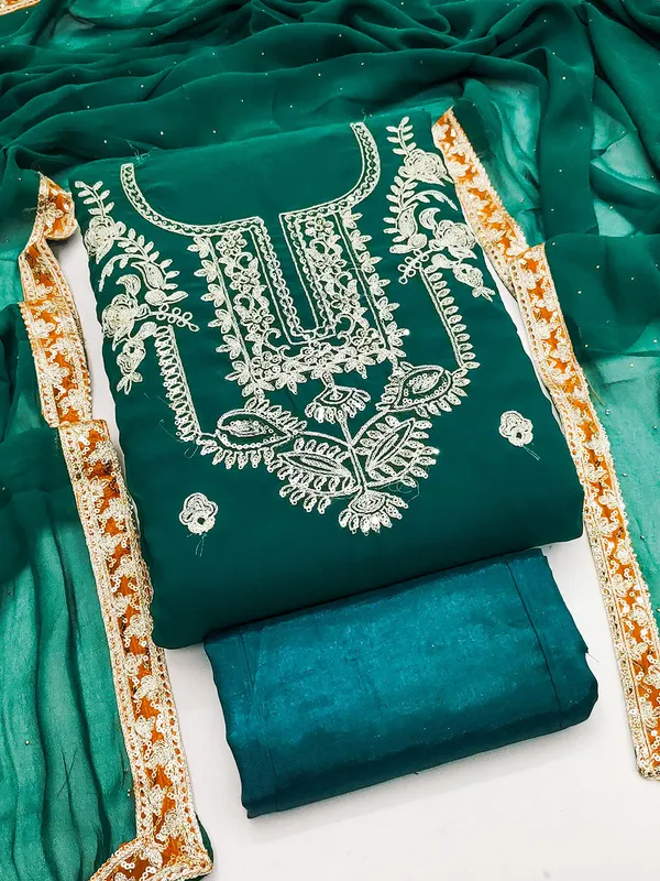 Leeza_Store_Women's_Teal_Georgette_Salwar_Suit_Dress_Material_With_Golden_Thread_Embroidery,_Solid_Santoon_Bottom_&_Embroidered_Dupatta_(Unstitched,_3-piece_Set)