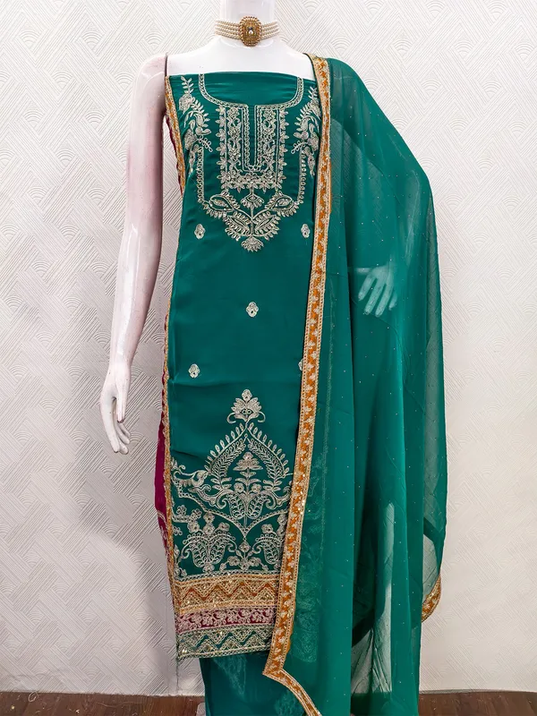 Leeza_Store_Women's_Teal_Georgette_Salwar_Suit_Dress_Material_With_Golden_Thread_Embroidery,_Solid_Santoon_Bottom_&_Embroidered_Dupatta_(Unstitched,_3-piece_Set)