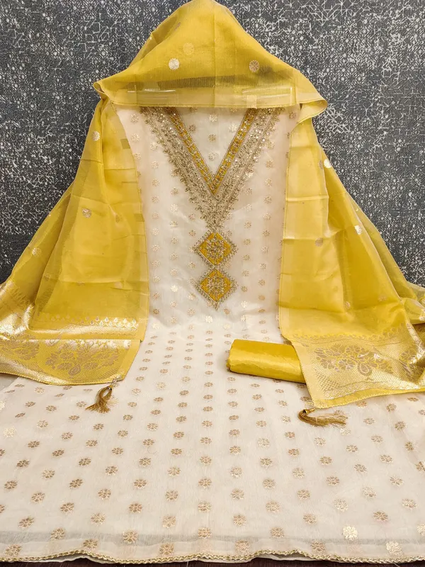 Leeza_Store_Women’s_Yellow_Salwar_Suit_Dress_Material_|_Shimmer_Jacquard_Top_With_Thread_&_Sequins_Work_|_Solid_Santoon_Bottom_&_Inner_|_Banarasi_Jacquard_Dupatta_With_Tassels_|_Unstitch