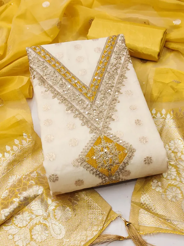 Leeza_Store_Women’s_Yellow_Salwar_Suit_Dress_Material_|_Shimmer_Jacquard_Top_With_Thread_&_Sequins_Work_|_Solid_Santoon_Bottom_&_Inner_|_Banarasi_Jacquard_Dupatta_With_Tassels_|_Unstitch