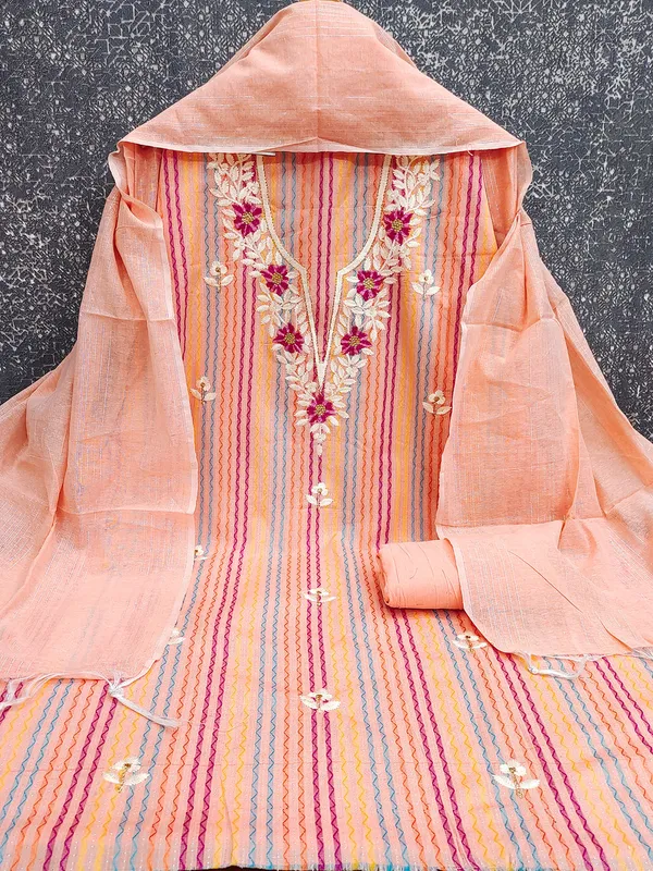 Leeza_Store_Women’s_Peach_Cotton_Jacquard_Unstitched_Salwar_Suit_Dress_Material_With_Thread_Work_Embroidered_Ethnic_Motifs,_Solid_Bottom_&_Jacquard_Dupat