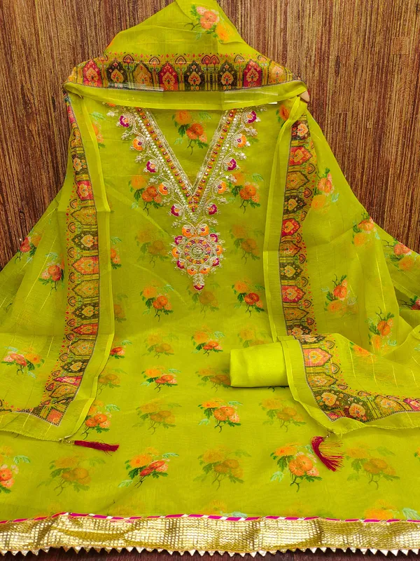 Leeza_Store_Women_Lime_Green_Salwar_Suit_Dress_Material_|_Top:_Modal_Digital_Print_With_Golden_Thread_Embroidery_|_Plain_Solid_Bottom_Santoon_|_Dupatta_With_Minimal_Thread_Work_&_Cutwork_Tassels