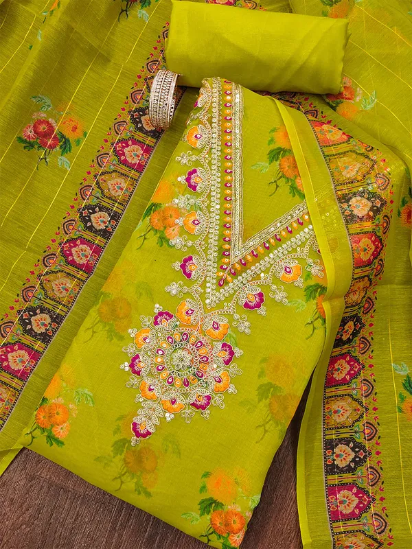 Leeza_Store_Women_Lime_Green_Salwar_Suit_Dress_Material_|_Top:_Modal_Digital_Print_With_Golden_Thread_Embroidery_|_Plain_Solid_Bottom_Santoon_|_Dupatta_With_Minimal_Thread_Work_&_Cutwork_Tassels