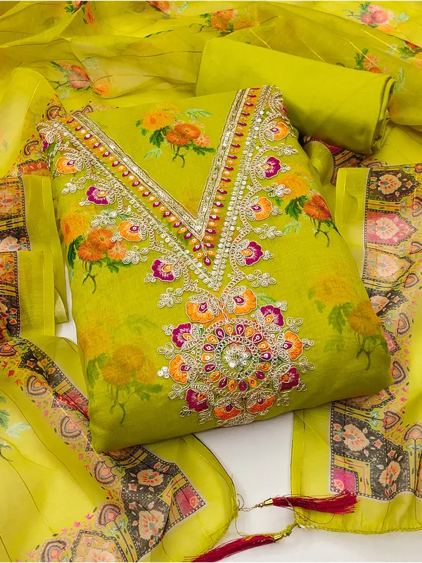 Leeza_Store_Women_Lime_Green_Salwar_Suit_Dress_Material_|_Top:_Modal_Digital_Print_With_Golden_Thread_Embroidery_|_Plain_Solid_Bottom_Santoon_|_Dupatta_With_Minimal_Thread_Work_&_Cutwork_Tassels
