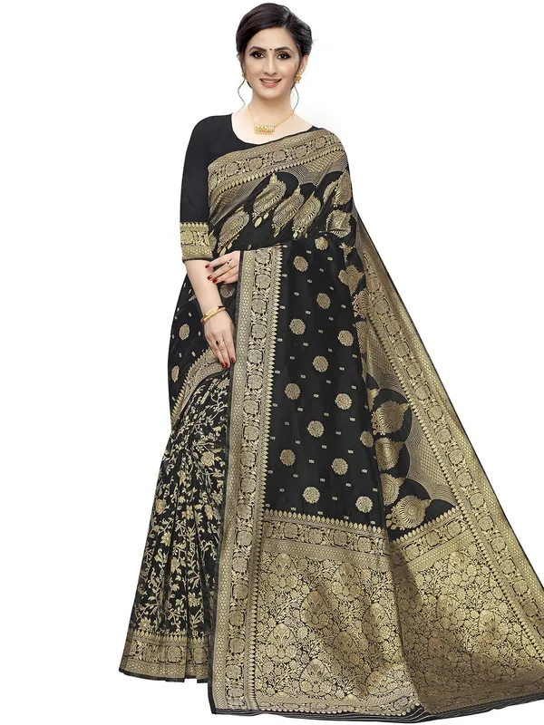 Black_Silk___Premium_&_Elegant_(_Floral_Pattern_Zari_Butta_Woven_)_Banarasi_Saree_With_Blouse_Piece_For_Women