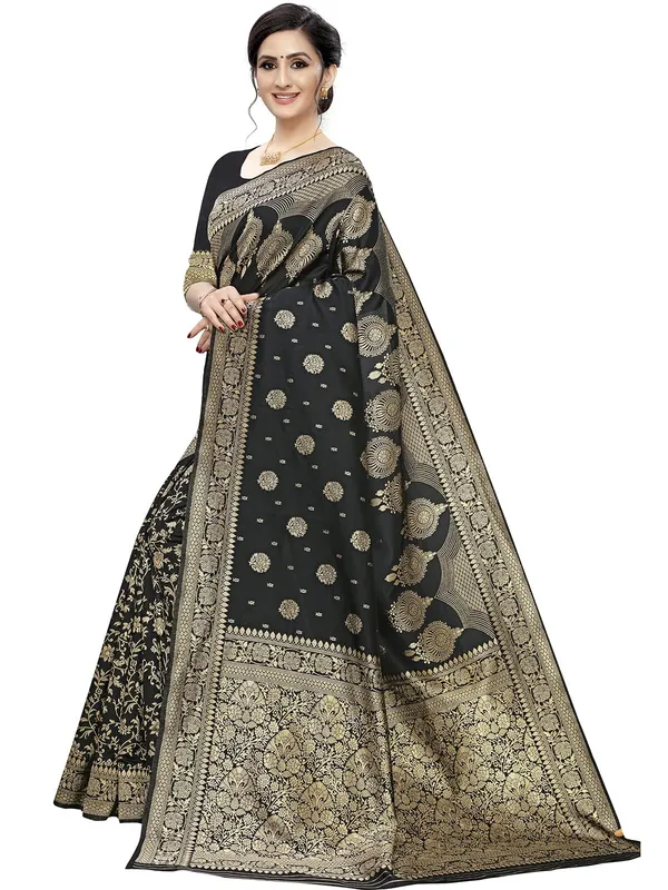 Black_Silk___Premium_&_Elegant_(_Floral_Pattern_Zari_Butta_Woven_)_Banarasi_Saree_With_Blouse_Piece_For_Women