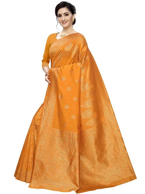 Gold_Silk___Premium_&_Elegant_(_Floral_Pattern_Zari_Butta_Woven_)_Banarasi_Saree_With_Blouse_Piece_For_Women