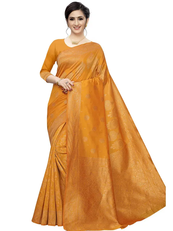 Gold_Silk___Premium_&_Elegant_(_Floral_Pattern_Zari_Butta_Woven_)_Banarasi_Saree_With_Blouse_Piece_For_Women