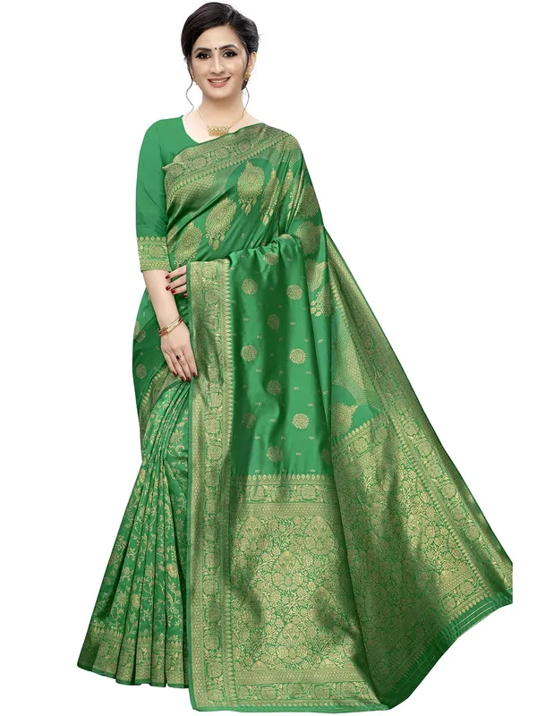 Green_Silk___Premium_&_Elegant_(_Floral_Pattern_Zari_Butta_Woven_)_Banarasi_Saree_With_Blouse_Piece_For_Women