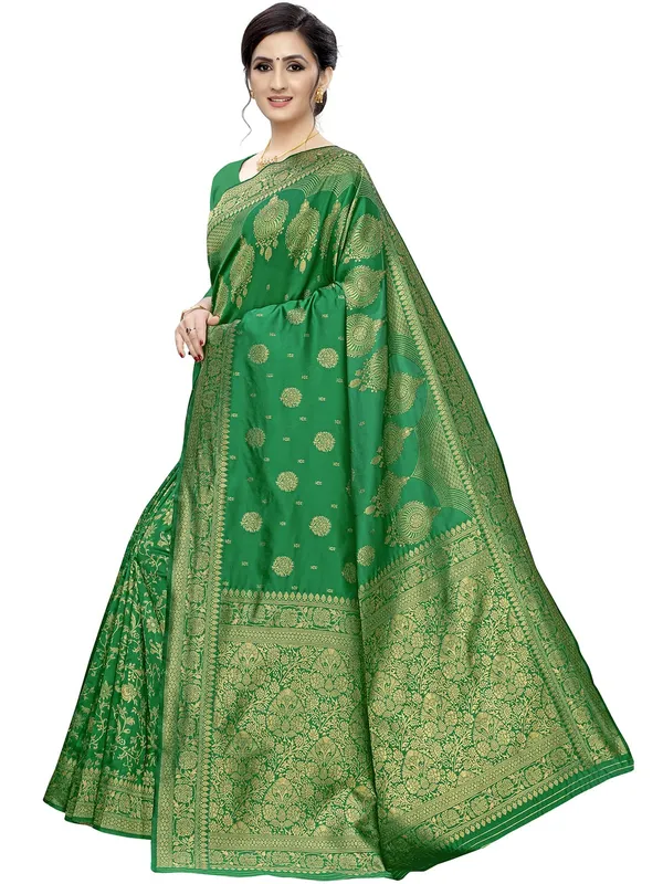 Green_Silk___Premium_&_Elegant_(_Floral_Pattern_Zari_Butta_Woven_)_Banarasi_Saree_With_Blouse_Piece_For_Women