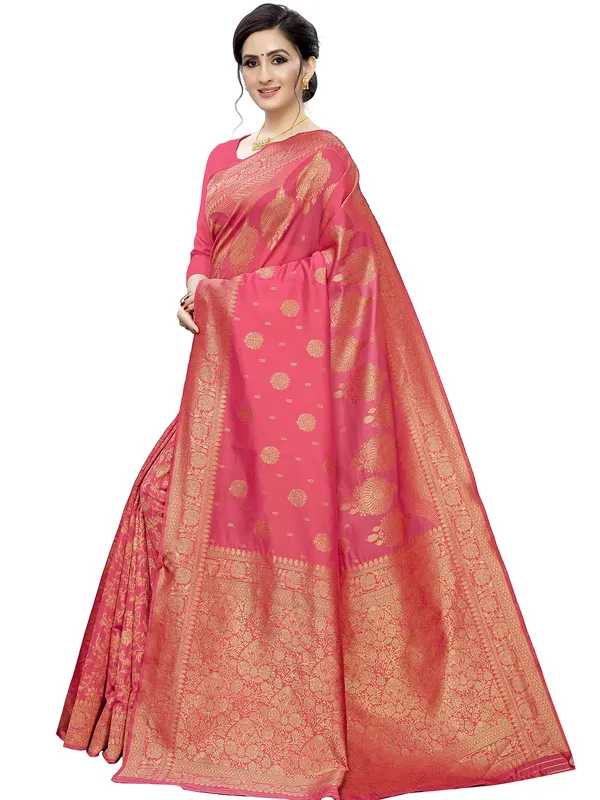 Pink_Silk___Premium_&_Elegant_(_Floral_Pattern_Zari_Butta_Woven_)_Banarasi_Saree_With_Blouse_Piece_For_Women