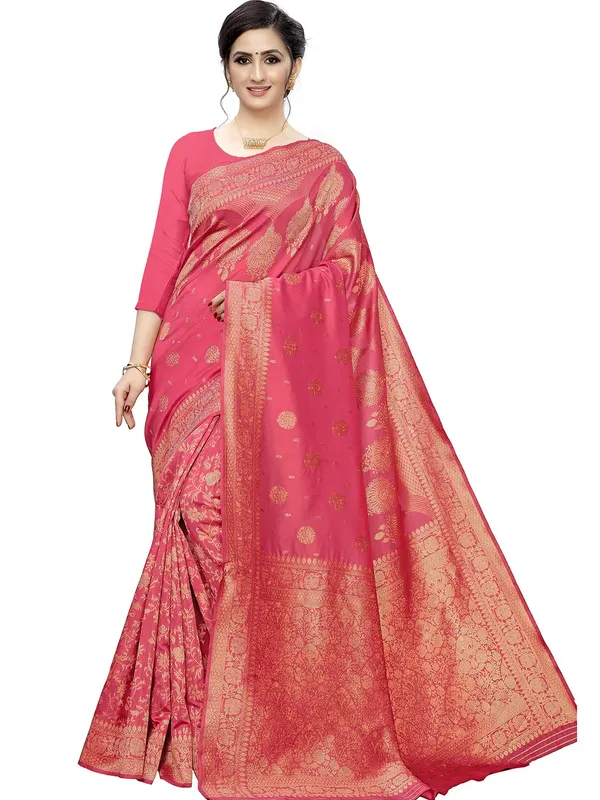 Pink_Silk___Premium_&_Elegant_(_Floral_Pattern_Zari_Butta_Woven_)_Banarasi_Saree_With_Blouse_Piece_For_Women