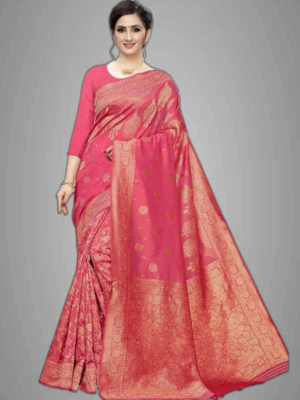 Pink_Silk___Premium_&_Elegant_(_Floral_Pattern_Zari_Butta_Woven_)_Banarasi_Saree_With_Blouse_Piece_For_Women