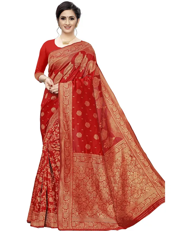 Red_Silk___Premium_&_Elegant_(_Floral_Pattern_Zari_Butta_Woven_)_Banarasi_Saree_With_Blouse_Piece_For_Women