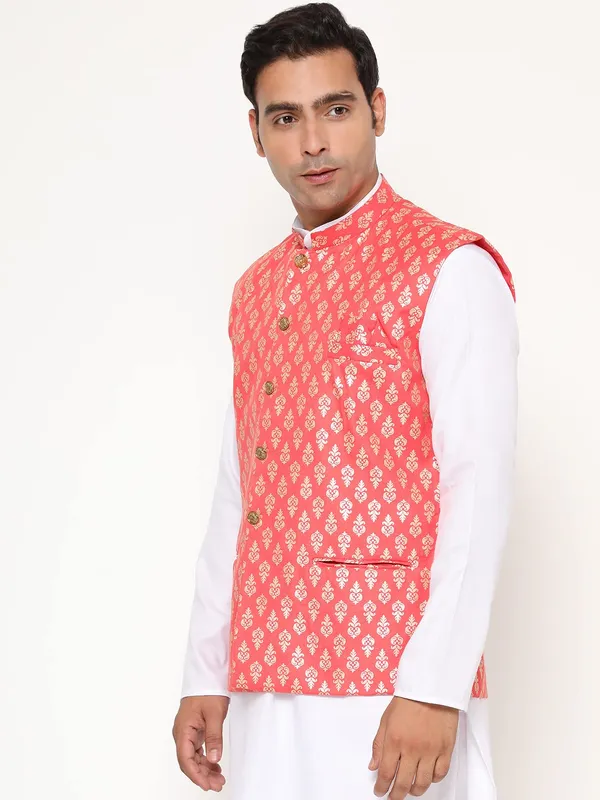 Peach_Jacquard_Premium_&_Elegant_Nehru_Jacket_Vest_For_Men
