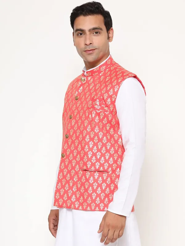 Peach_Jacquard_Premium_&_Elegant_Nehru_Jacket_Vest_For_Men