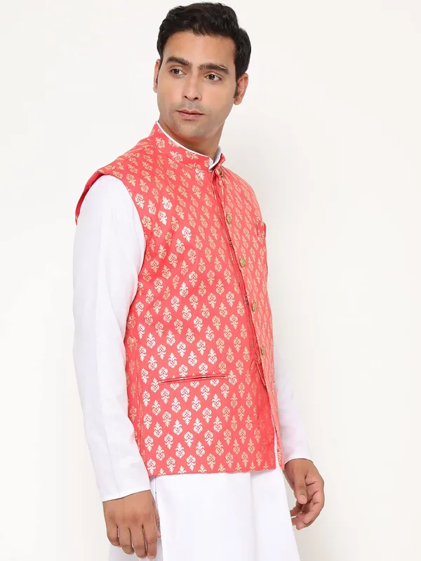Peach_Jacquard_Premium_&_Elegant_Nehru_Jacket_Vest_For_Men