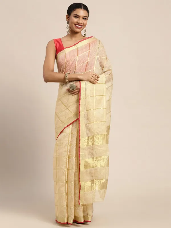 Beige_Cotton_Silk_Premium_&_Elegant_(_Zari_Checkered_)_Kota_Doria_Saree_With_Blouse_Piece_For_Women