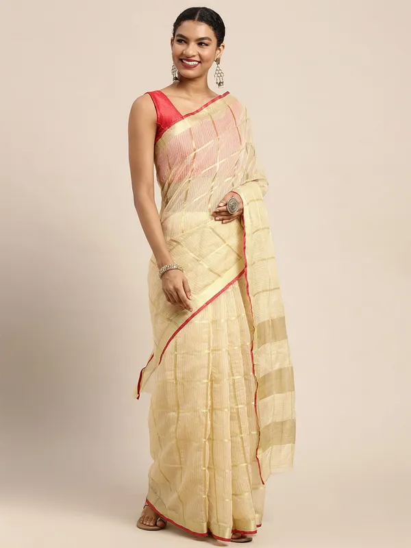 Beige_Cotton_Silk_Premium_&_Elegant_(_Zari_Checkered_)_Kota_Doria_Saree_With_Blouse_Piece_For_Women