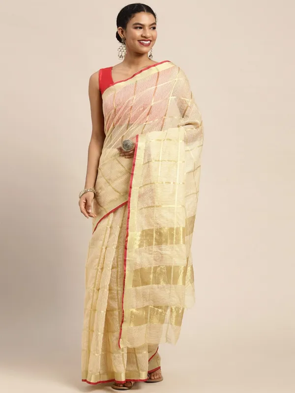 Beige_Cotton_Silk_Premium_&_Elegant_(_Zari_Checkered_)_Kota_Doria_Saree_With_Blouse_Piece_For_Women