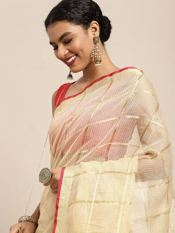 Beige_Cotton_Silk_Premium_&_Elegant_(_Zari_Checkered_)_Kota_Doria_Saree_With_Blouse_Piece_For_Women