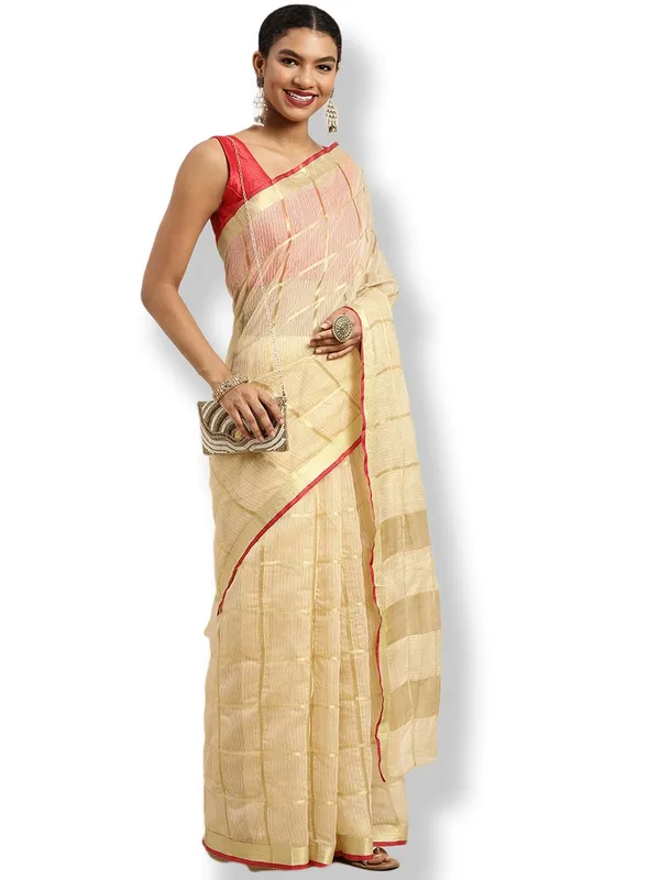 Beige_Cotton_Silk_Premium_&_Elegant_(_Zari_Checkered_)_Kota_Doria_Saree_With_Blouse_Piece_For_Women