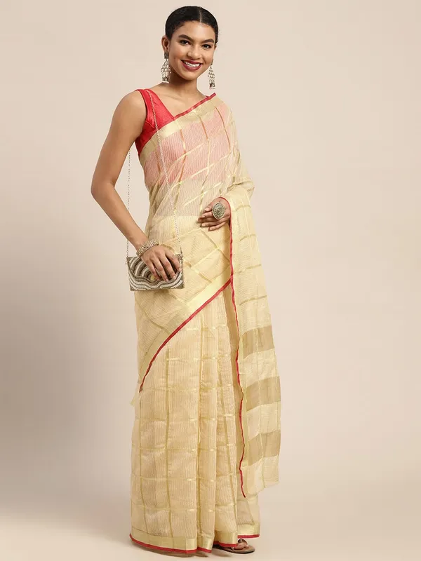 Beige_Cotton_Silk_Premium_&_Elegant_(_Zari_Checkered_)_Kota_Doria_Saree_With_Blouse_Piece_For_Women