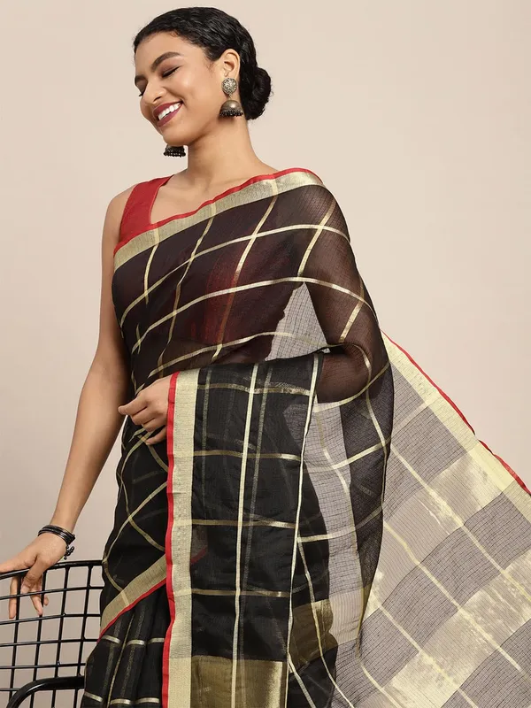 Black_Cotton_Silk_Premium_&_Elegant_(_Zari_Checkered_)_Kota_Doria_Saree_With_Blouse_Piece_For_Women