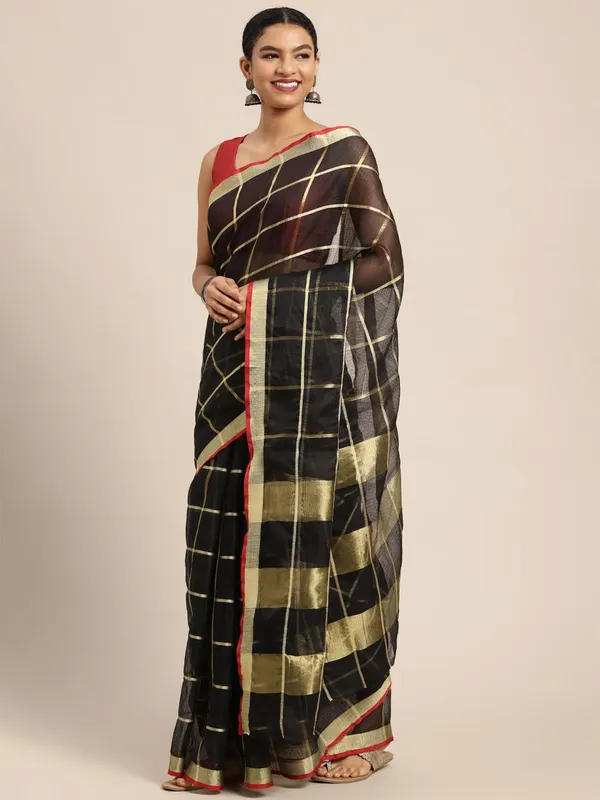 Black_Cotton_Silk_Premium_&_Elegant_(_Zari_Checkered_)_Kota_Doria_Saree_With_Blouse_Piece_For_Women