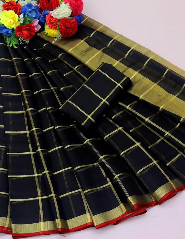 Black_Cotton_Silk_Premium_&_Elegant_(_Zari_Checkered_)_Kota_Doria_Saree_With_Blouse_Piece_For_Women